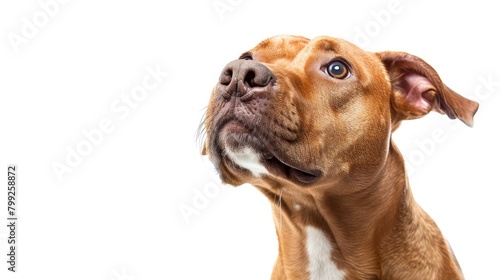 Cute brown dog looking up on white background photo