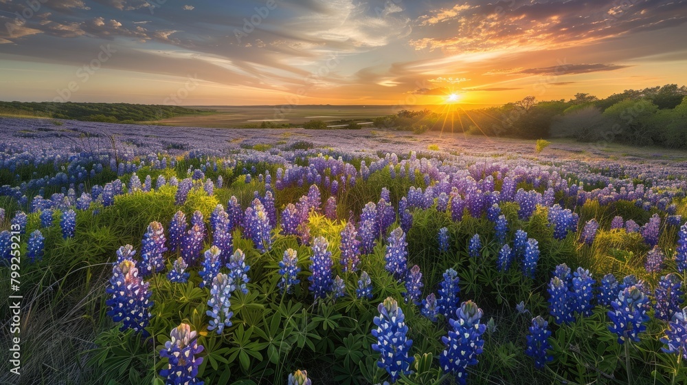 Beautiful Bluebonnet Field at Muleshoe Bend: Colorful Flowers and Gold Sunset in Area