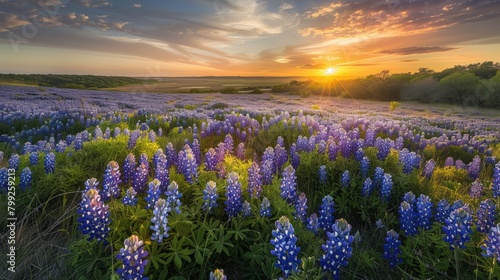 Beautiful Bluebonnet Field at Muleshoe Bend  Colorful Flowers and Gold Sunset in Area