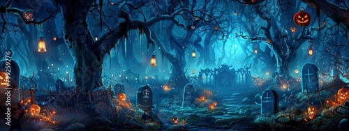 Halloween background with a haunted graveyard, spooky forest and glowing pumpkin