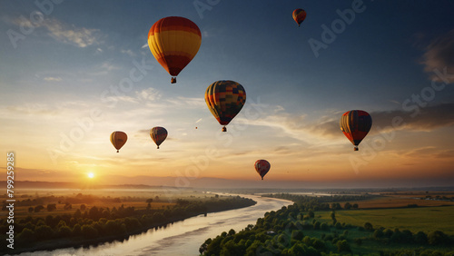 "Hot Air Balloons Soaring Over Scenic Landscape and River"