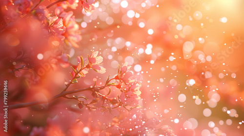 Soft peach particles float gracefully amidst a gently blurred backdrop  imbuing the scene with a sense of delicate warmth and tranquility.