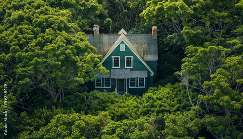 Rich emerald Cape Cod style vacation home surrounded by dense foliage. Copyspace included at the top of the image, above the trees, for text.