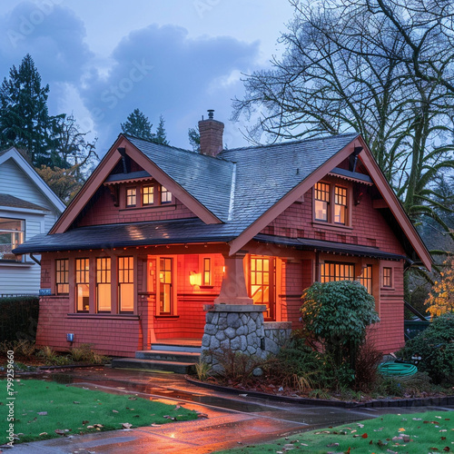 Side profile of a light coral craftsman cottage with a hip and valley roof, in the vibrant afterglow of a rainy afternoon, the wet surfaces reflecting the soft, photo