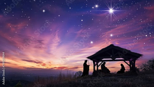 The star shines above the manger, with three wise men and silhouettes of people watching in awe against an sky at dusk.