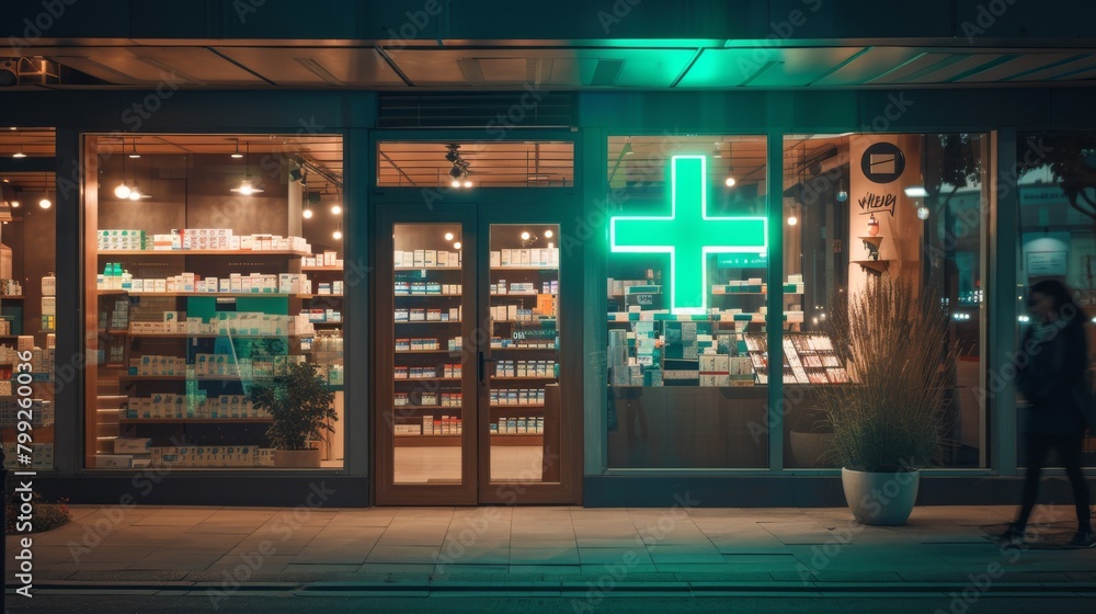 A Pharmacy Storefront at Night