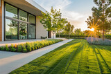 Modern residence with a green lawn and late afternoon sun highlighting landscaping.