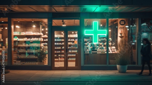 A Pharmacy Storefront at Night photo