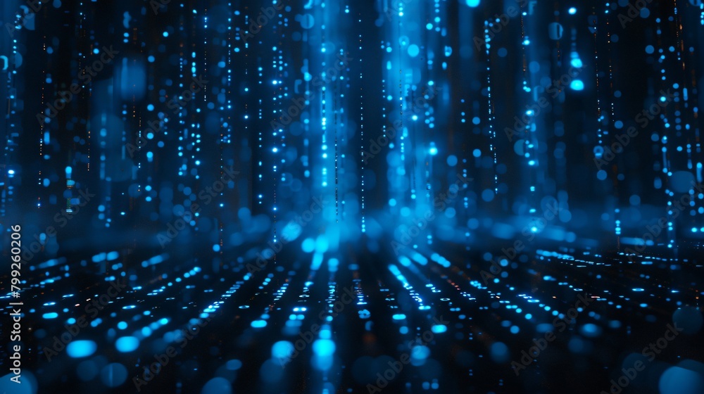 Blue matrix code raining down in a dark room for hacking concepts Blue matrix code raining down in a dark room for hacking concepts
