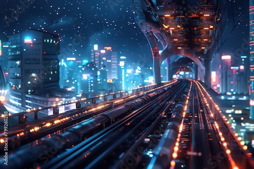 Close up of futuristic cityscape, neon lights and elevated train tracks, under starry night sky