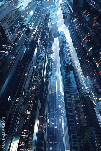 Science fiction cityscape, towering skyscrapers with dynamic, shifting facades