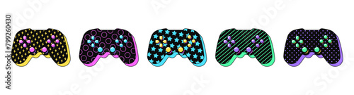 Isolated retro black gamepad icon set, vector stickers. Wireless joystick, videogame station, playing video console, gamer gadget. Textured 3d game controller set, retro design elements for ads