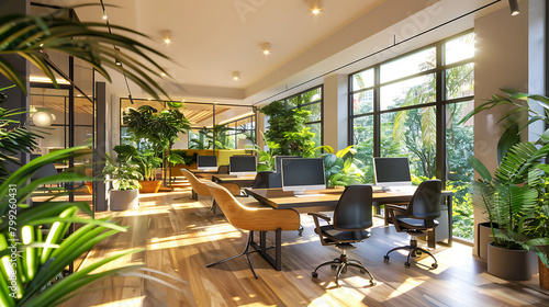 An open-plan office layout with spacious workstations, collaborative areas, and vibrant greenery, creating a productive and inviting environment for employees, against a backdrop of stylish design ele photo