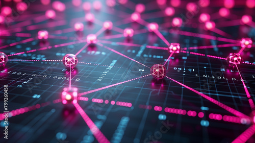 Digital blockchain network with glowing pink nodes and binary code photo