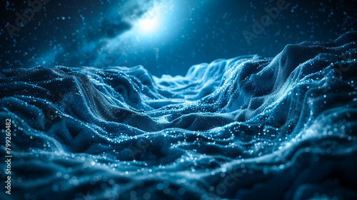 Digital blue waves with particle effects under a shining light