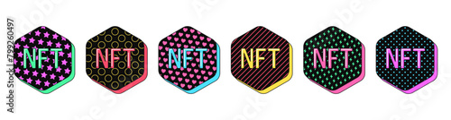 Isolated retro black NFT token icon set, vector stickers. NFT technology, digital token collection, virtual crypto coin. Textured 3D NFT token set, retro design elements for ads and pop culture