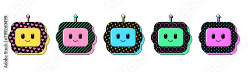 Isolated retro black bot icon set, vector stickers. Cute robot head, virtual smart assistant, phone chatbot with AI technology, digital intelligence. Textured 3D bot set, retro design elements for ads