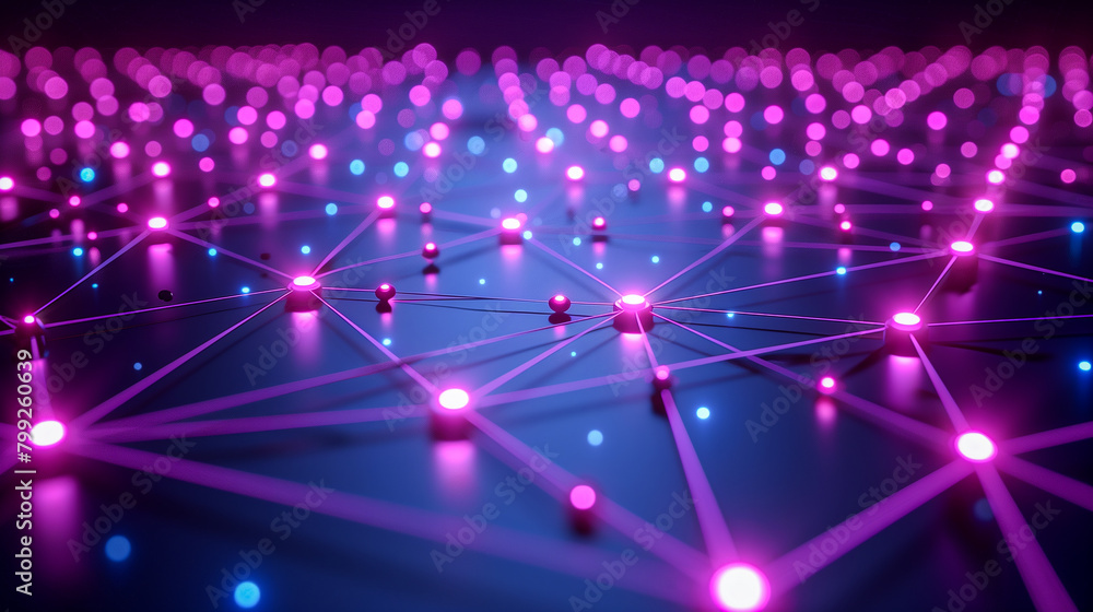 Glowing pink and blue network nodes with connecting lines Glowing pink and blue network nodes with connecting lines