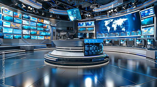 Futuristic broadcast news studio with multiple screens and global maps