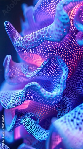 Ultra high definition close up of a neon colored 3D printed sculpture