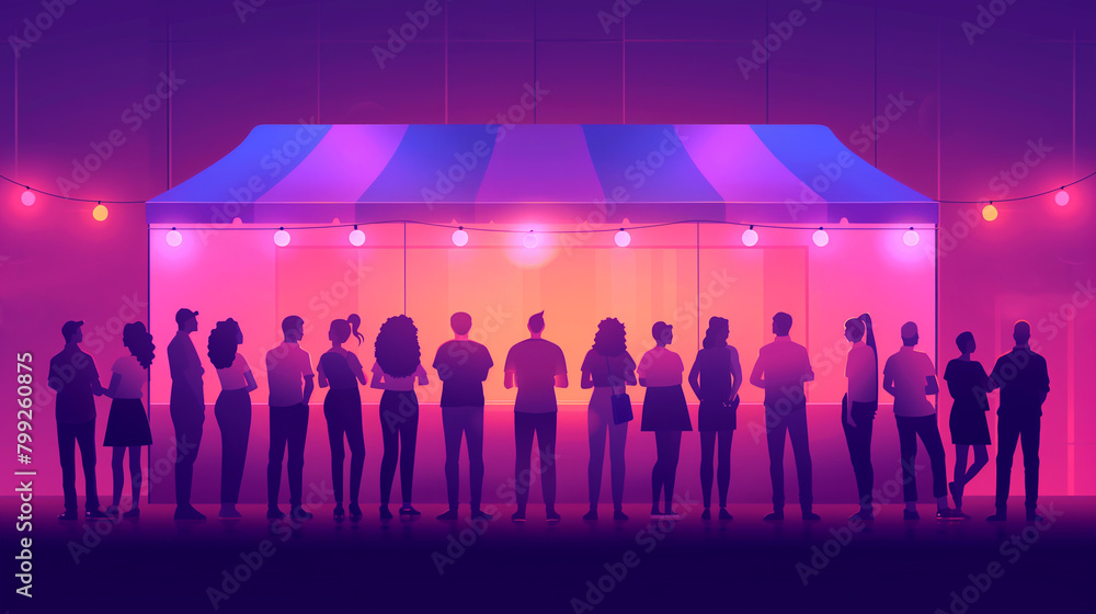 Silhouettes of people at a festival stand with vibrant lighting Silhouettes of people at a festival stand with vibrant lighting