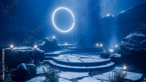 Mystical circular portal in a moonlit rock garden with luminaries photo