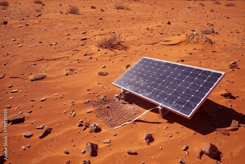Small Solar Panel Array on Red Sand. Farming Renewable Solar Power from Strong