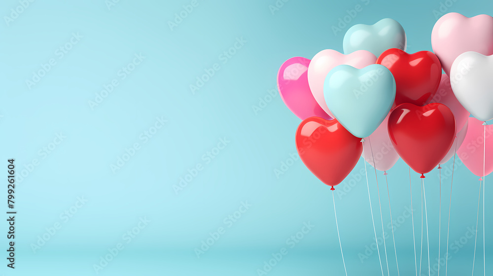 Valentine's Day background with heart shaped balloons on light blue background