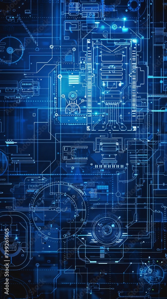 Blueprints of futuristic devices in neon blue lines for tech innovators Blueprints of futuristic devices in neon blue lines for tech innovators