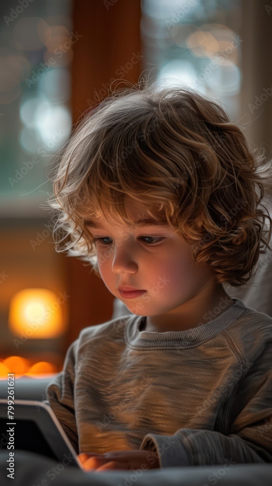 Medium shot of a child using a tablet that adapts learning activities to his skill level, with AI suggestions popping up on the screen Medium shot of a child using a tablet that adapts learning activities to his skill level, with AI suggestions popping up on the screen