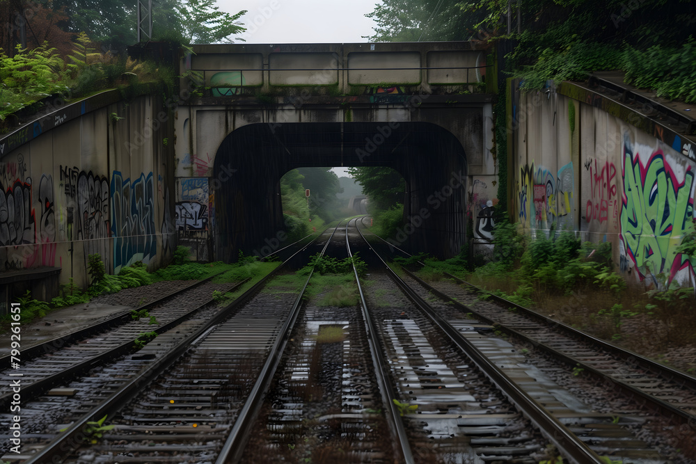 urban abandoned railway in overgrown area. 