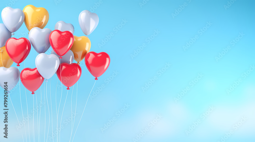 Valentine's Day background with heart shaped balloons on light blue background