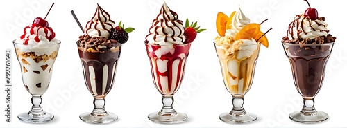 Collection of Sundae sundaes ice cream frozen dessert in tulip glass cup isolated on white background cutout. Many assorted different flavour Mockup template for artwork design #799261640