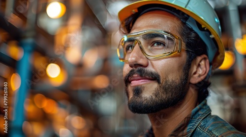 Portrait of a smiling hispanic worker wearing a hard hat and safety glasses standing in a factory,Smiling Hispanic Worker in Factory: Skilled Labor and Manufacturing Industry © Da