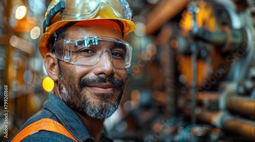 Portrait of a smiling hispanic worker wearing a hard hat and safety glasses standing in a factory,Smiling Hispanic Worker in Factory: Skilled Labor and Manufacturing Industry