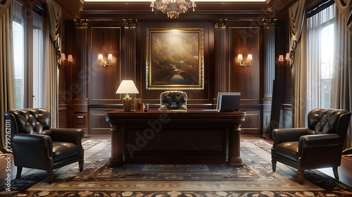 The interior of an executive office suite with a private meeting area, executive desk, and comfortable seating, designed for conducting business in comfort and style, against a backdrop of professiona photo
