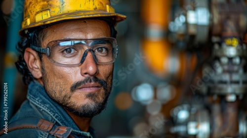 Portrait of a smiling hispanic worker wearing a hard hat and safety glasses standing in a factory,Smiling Hispanic Worker in Factory: Skilled Labor and Manufacturing Industry © Da