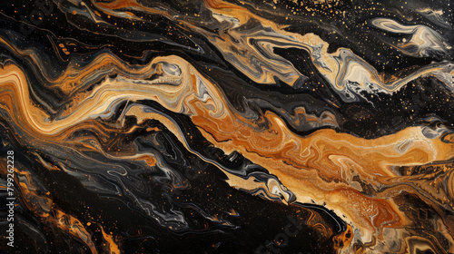 Swirling golden, black, and white patterns in fluid art painting