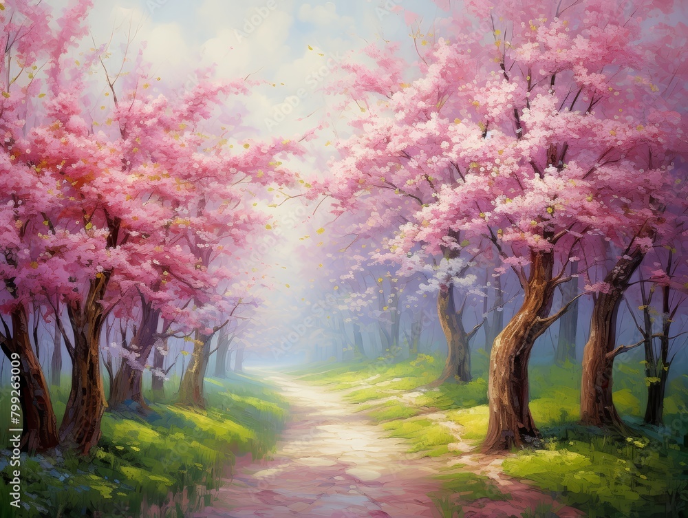 Blossoming cherry trees arching over a secluded path, vibrant and peaceful, quintessential spring landscape