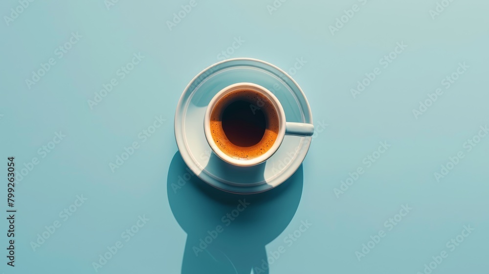 Aerial view of a solitary cup of coffee symmetrically positioned, creating a serene atmosphere on a soft blue background