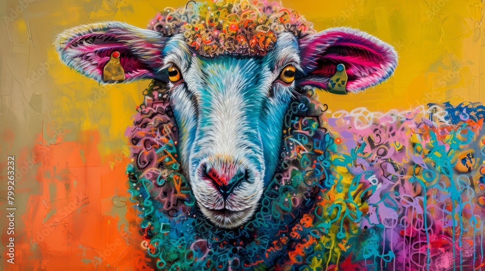 An eclectic collection of sheep portraits painted in a range of colors, capturing the playful and diverse essence of various breeds