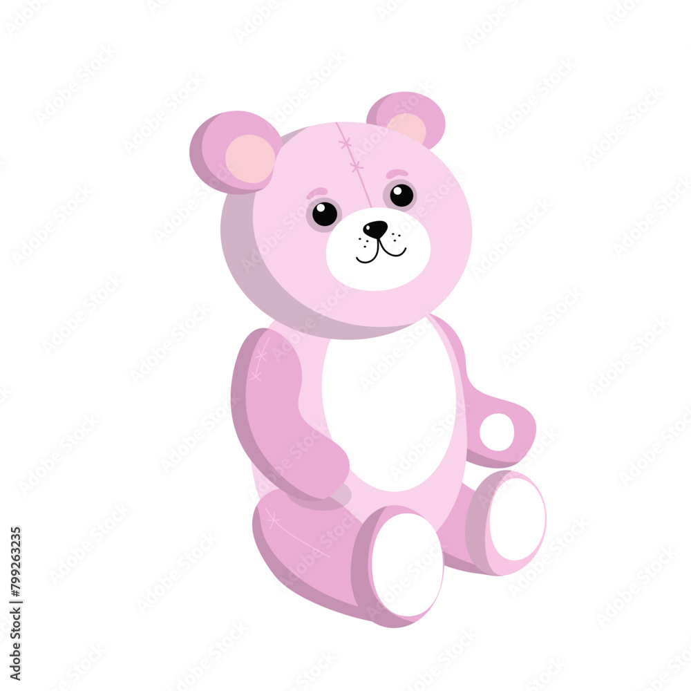 Cute pink toy bear. Teddy bear sits smiling. Soft cartoon toy Teddy Bear. Vector illustration, background isolated. Cute pink toy bear. Teddy bear sits smiling. Soft cartoon toy Teddy Bear. Vector illustration, background isolated.