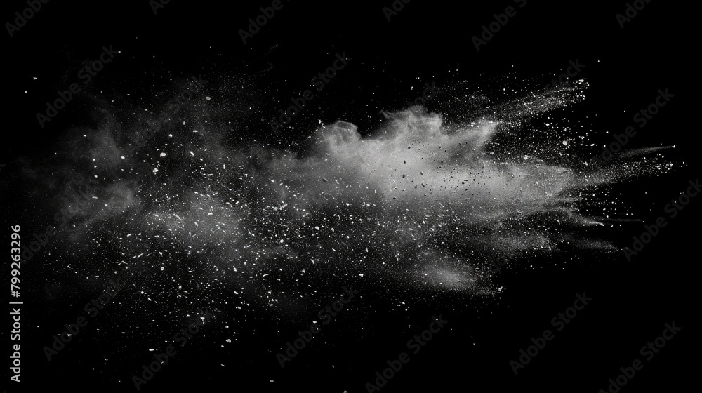 Flying Debris Burst on Black Background with White Dust and Dirt Isolated Flying Debris Burst on Black Background with White Dust and Dirt Isolated