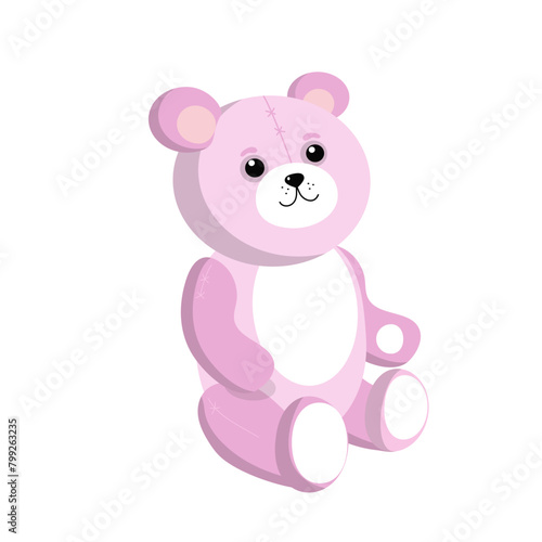 Cute pink toy bear. Teddy bear sits smiling. Soft cartoon toy Teddy Bear. Vector illustration, background isolated.
