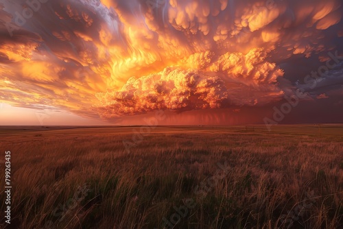 Beautifully structured supercell thunderstorm, sunset sky, Generative AI photo