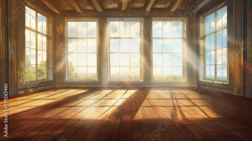 a room with large windows and wooden floor, Sunlit Sanctuary