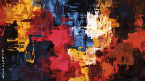 Vibrant abstract painting with dynamic red, yellow, and blue brushstrokes, perfect for artistic backgrounds