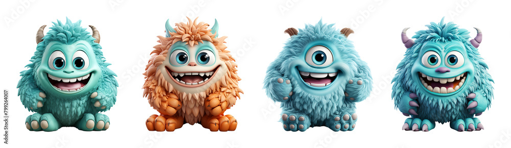 set of 3d illustrations of monster cartoon characters isolated on transparent background, generated ai