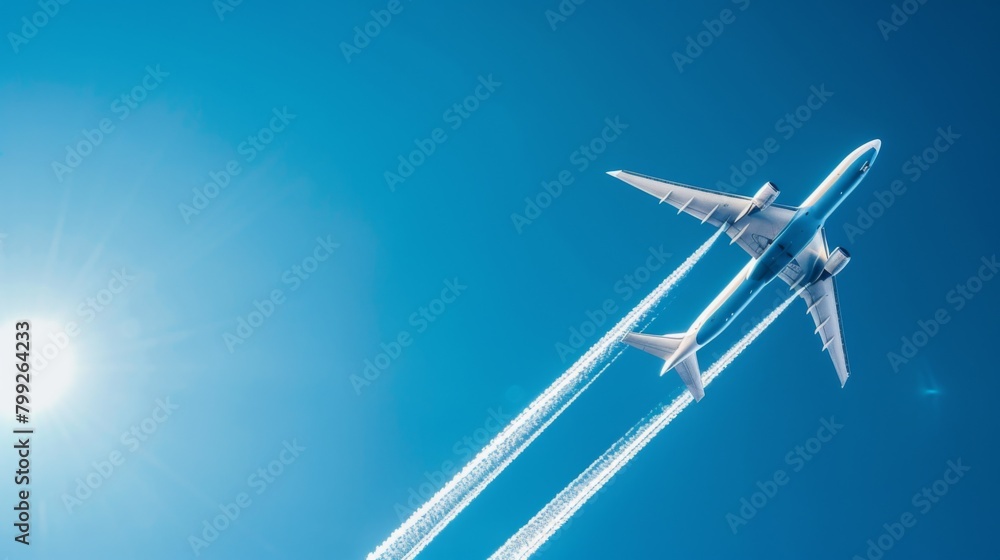 Skybound Journeys: Jet Plane Soaring with White Condensation Tracks

