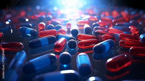 Red and blue pill in a futuristic backdrop as a prescribed drug medication